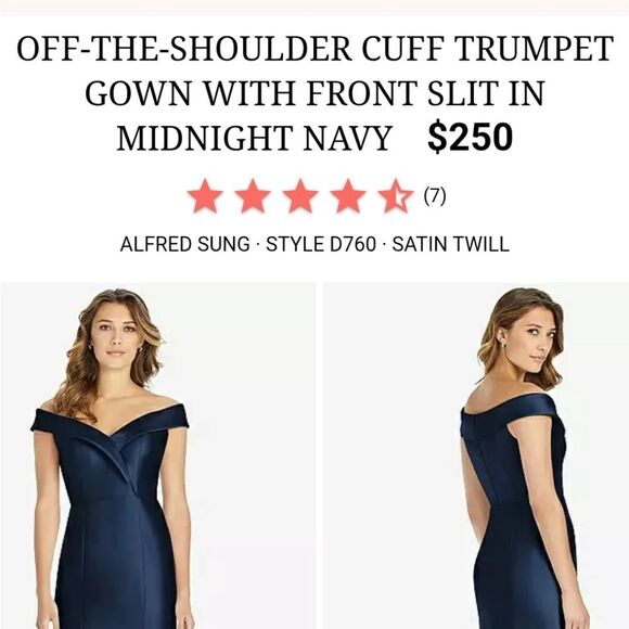 NWT Alfred Sung Off-The-shoulder Cuff Trumpet  Gown Slit Midnight Navy Blue 12 - Picture 13 of 13